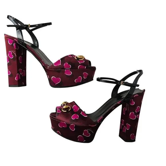 Gucci Claudie Horsebit Platform Block Heel Sandal Size 41 US 11 Pink Heart - Picture 5 of 8